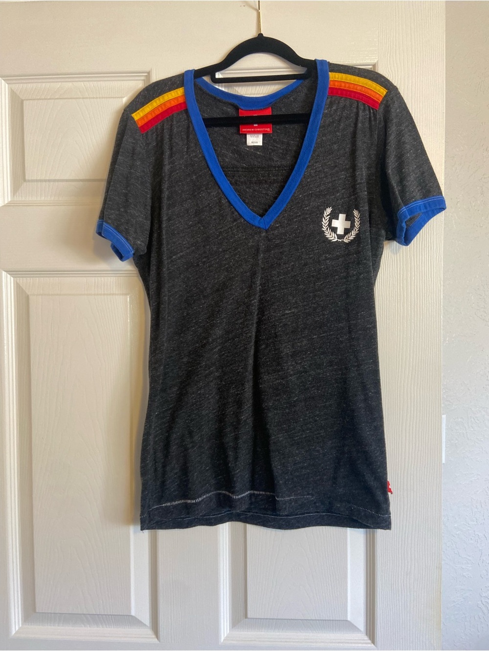 Andrew Christian Charcoal V-Neck Tee with Blue Trim and Rainbow Shoulder Stripes
